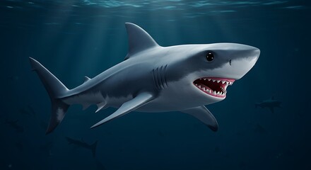 Fototapeta premium Shark Swimming Underwater with Sunlight Rays Coming Through the Surface