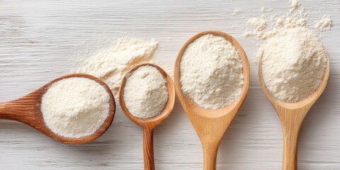 Marine Collagen Powder in Wooden Spoons on White Wooden Surface for Health and Beauty