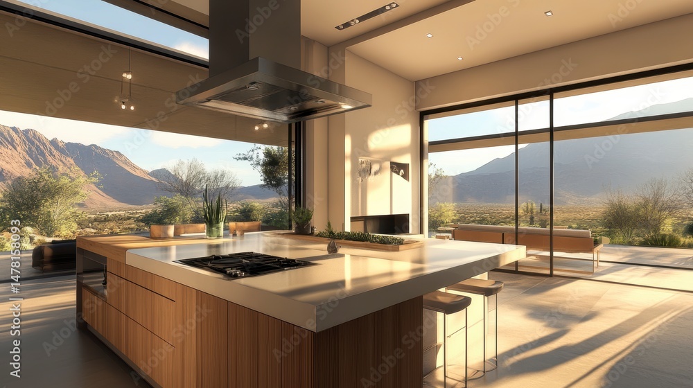 Poster modern kitchen island with mountain view; sunlight streams through large windows.