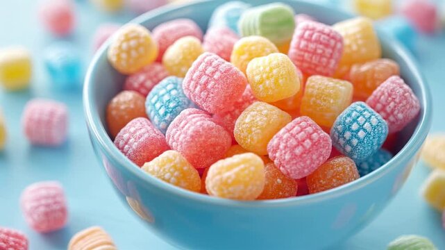 Colorful gummy candies fill a blue bowl with vibrant sweets perfect for sharing at a party or enjoying alone