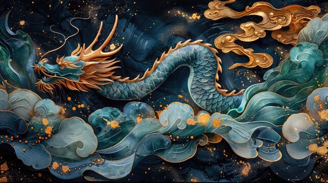 Blue, green and black patterned background, traditional Chinese god of wealth and fairy pattern, oriental zen