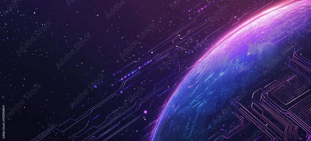 Poster abstract digital technology background with planet earth, circuit board, and network connection line