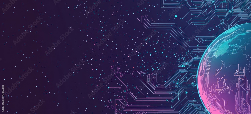 Poster abstract digital technology background with planet earth, circuit board, and network connection line