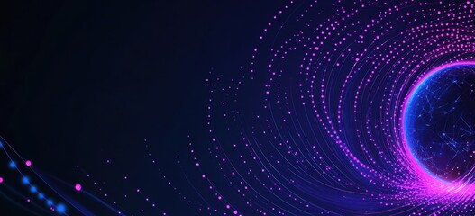 Fototapeta premium Abstract digital technology background with blue and purple color lines, circles of light connecting geometric shapes to form an Earth-like planet on the right side Generative AI