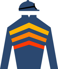 Blue jockey racing jersey garment with yellow, orange and red with helmet and goggles.