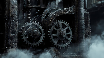 Fototapeta premium A close-up of an old gear system inside an abandoned factory, covered in dust. [Dust Opera] | Smoked Lace | faded elegance. Illustration