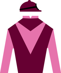 Pink and purple jockey racing jersey garment with helmet and goggles.