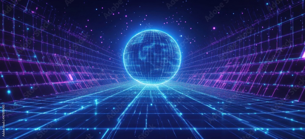 Poster abstract digital technology background with blue and purple colors, a cyber planet sphere line conne
