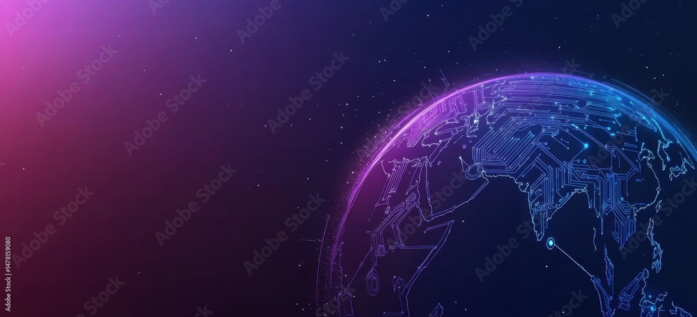 Poster abstract digital technology background with blue and purple colors, circuit board lines in the shape