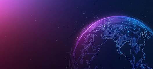 Obraz premium Abstract digital technology background with blue and purple colors, circuit board lines in the shape of a planet Earth on a dark blue gradient background Generative AI