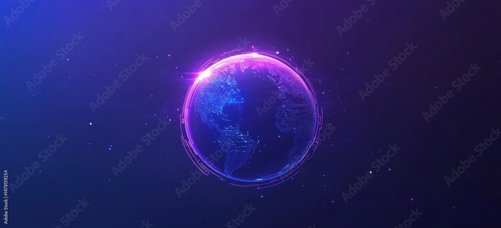 Poster abstract digital technology background with blue and purple colors, circuit board lines in the shape