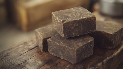 A close-up image of hashish blocks displayed on a rustic wooden table, highlighting texture