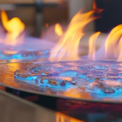 Naklejka premium Food being cooked on a hot plate with flames