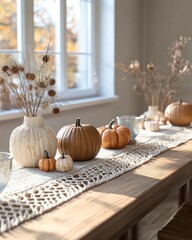 Autumnal table setting by a sunny window.  Rustic decor with pumpkins, vases, and dried flowers