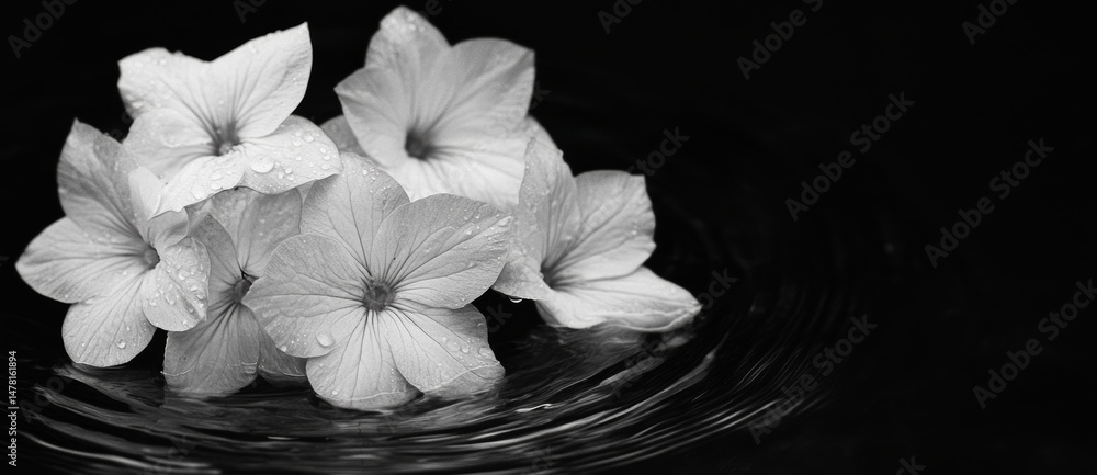 Poster distorted floral reflections appear in this black and white photograph of water with ripples and wav