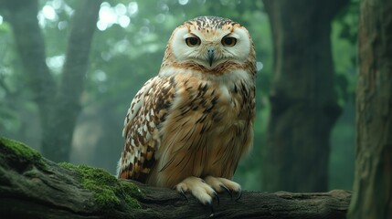 Fototapeta premium Owl perched on a log in a misty forest