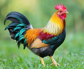 Fototapeta premium Dutch bantam chicken in the wild, with copy space