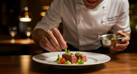 Chef Plating Food on White Plate