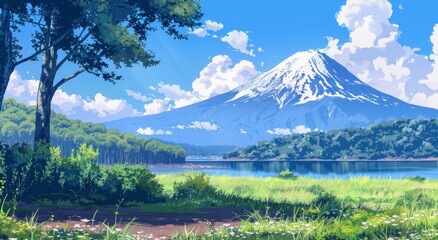 Fototapeta premium Landscape illustration anime style background, 