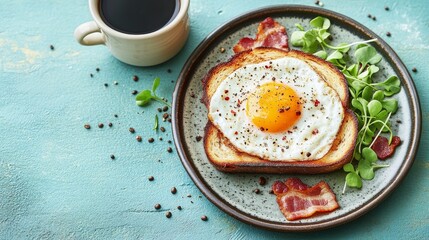 A morning keto meal consisting of a fried sunny-side egg, bacon, and toast, served alongside coffee, captured from a top view with copy space