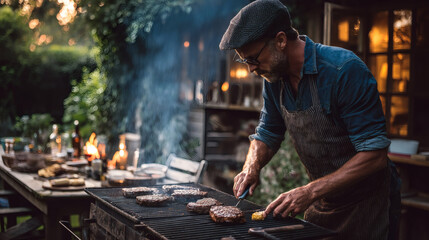 Fototapeta premium A man grills burgers at a backyard barbecue, preparing a delicious meal on a summer evening.