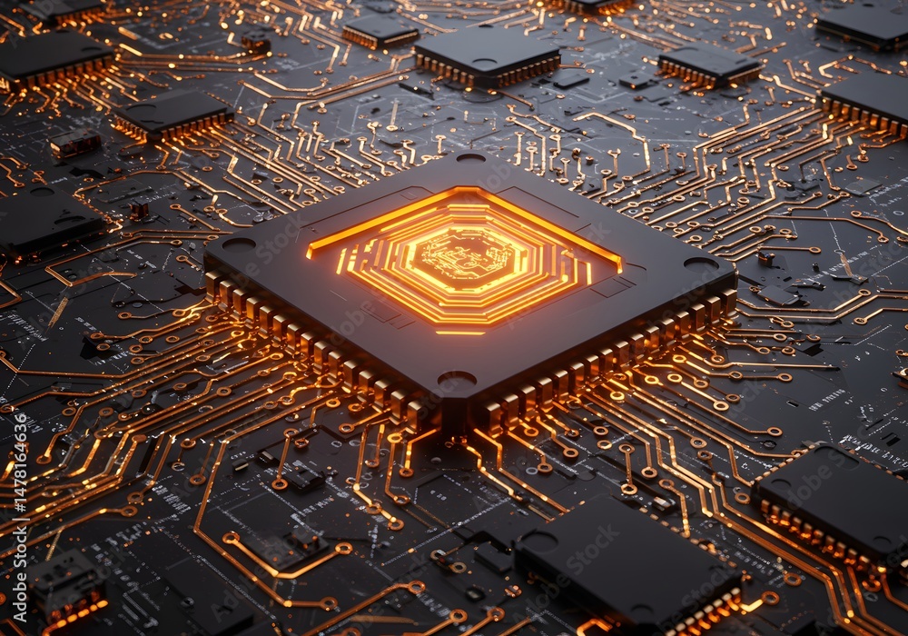 Poster futuristic circuit board cpu processor, computer chip, microchips, technology, electronic hardware, 