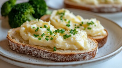 A close-up shot of a table setting with toasted bread featuring garlic and herbs