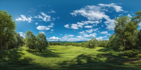 Obraz premium 360° HDRI Spherical Panorama of Sunny Forest Glade with Wide Green Field and Blue Sky
