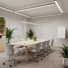 Fototapeta premium A bright, modern conference room set up for a meeting or presentation, with wooden table.