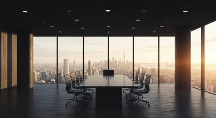 An elegant conference room overlooking a bustling city skyline during a beautiful sunset.