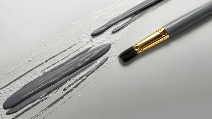 Fototapeta premium Paintbrushes are painting grey black stripes splashes and smears of paint, creating a vibrant contrast and showcasing a creative painting process