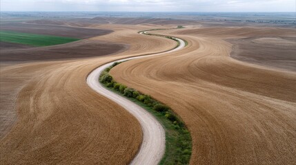 Serpentine Country Road Winding Through Golden Fields