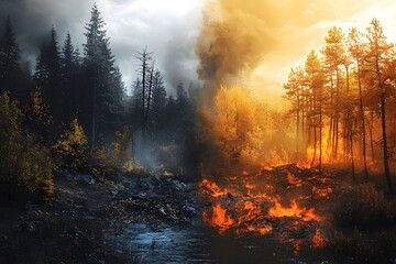 Split forest image showing contrast between lush green woods and destructive wildfire, symbolizing climate change and environmental crisis.