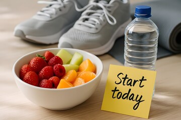 Healthy lifestyle motivation with fruits, fitness gear and water bottle, start today message. Clean eating and fitness concept with motivational note. A reminder to start today. Fitness. Sport. Diet