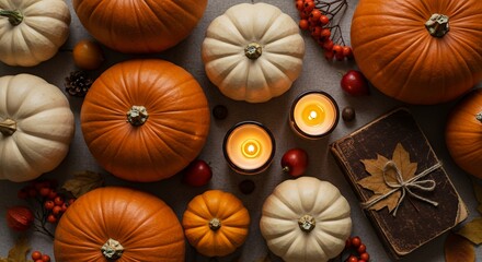 Pumpkins Candles and Autumnal Decor on Grey Surface