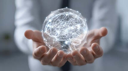 A person holds a digital brain within their palms, symbolizing intelligence, innovation, and cognitive functions in a futuristic style.