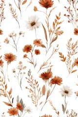 Seamless autumn floral pattern with wildflowers and dried botanicals, elegant watercolor design in earthy tones for fabric, wrapping, stationery, wallpaper, and seasonal prints
