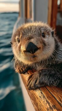 cute otto on ship looking out of window, ocean view, cute animal 