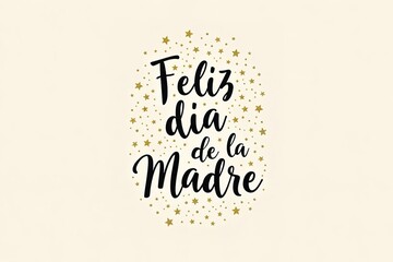 A warm and personal Mother's Day design with black hand - written text "Feliz día de la Madre" surrounded by golden stars on a cream - colored background, suitable for heartfelt Mother's Day