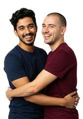 Obraz premium Happy young interracial gay couple, an Indian man and a Caucasian man, embracing and smiling warmly at the camera in a studio portrait against a transparent background, expressing love and joy.