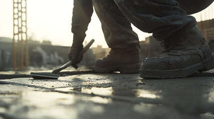 Fototapeta premium Construction Worker Smoothing Concrete on Site