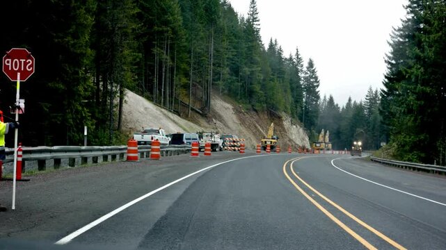 Highway Road Construction Site, Mountainous Terrain, Safety Measures