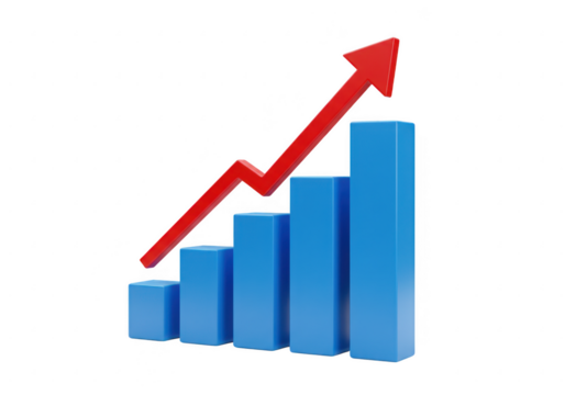 Rising bar graph with arrow isolated on transparent background
