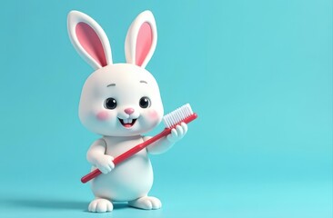 Obraz premium cute bunny holding oversized toothbrush on blue background. dental hygiene concept. playful animal character. children's health education. poster, website design, social media.