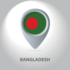 Vector illustration of the Bangladesh flag inside the pin icon on the map. Symbolic location marker with national colors of Bangladesh (green, red) on a white background.