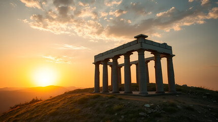 Naklejka premium The ruins of an ancient temple stand on a hill on a sunset 4k
