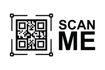 Centered black and white QR code with 'SCAN ME' in bold sans-serif. Minimalist, symmetrical design on clean background. Neutral, functional aesthetic for digital use. No people or context. Black/white