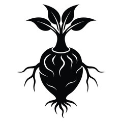 Stylized Black and White Silhouette of a Bulbous Root Vegetable with Leaves and Roots