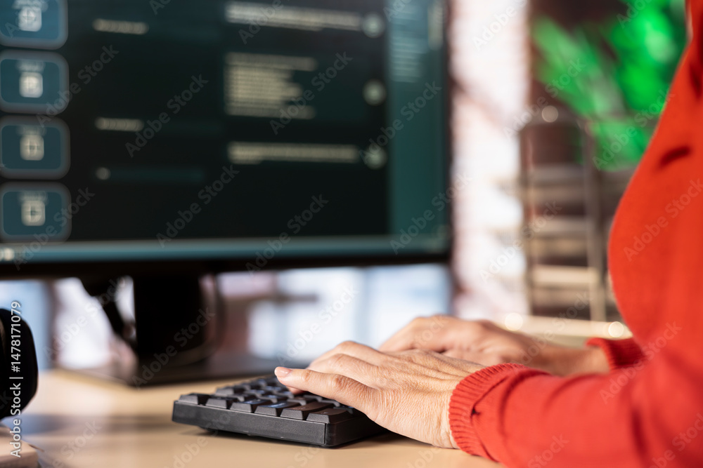 Poster woman typing on a computer chatting with an ai assistant. futuristic interface highlights artificial