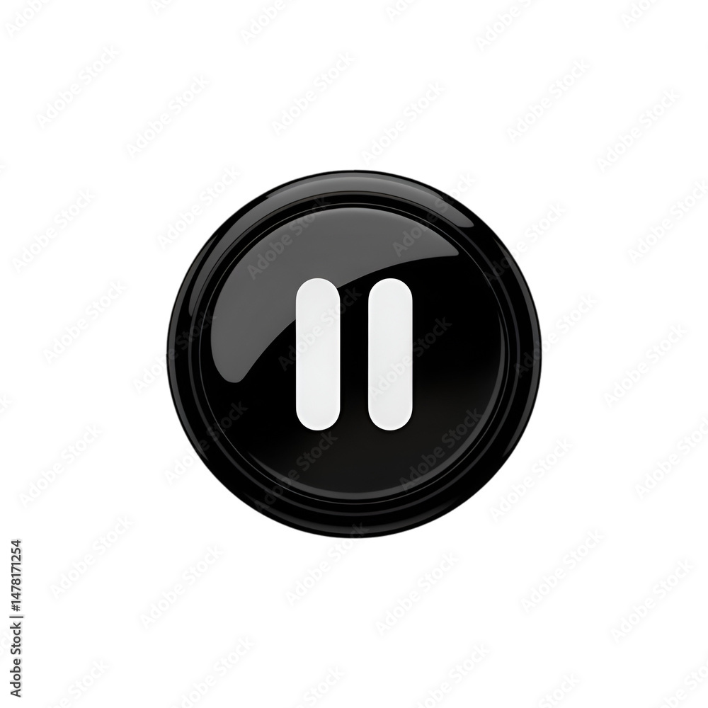 Poster a glossy black pause button with white bars centered on a solid black background in a simple design